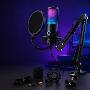 HyperMic Pro USB Condenser Microphone Kit | RGB Gaming & Podcast Streaming Mic with Boom Arm