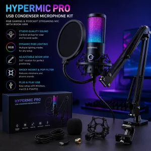 HyperMic Pro USB Condenser Microphone Kit | RGB Gaming & Podcast Streaming Mic with Boom Arm