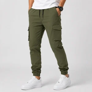 Men's Olive Green Cargo Jogger Pants | Relaxed Fit Multi-Pocket Casual Trousers
