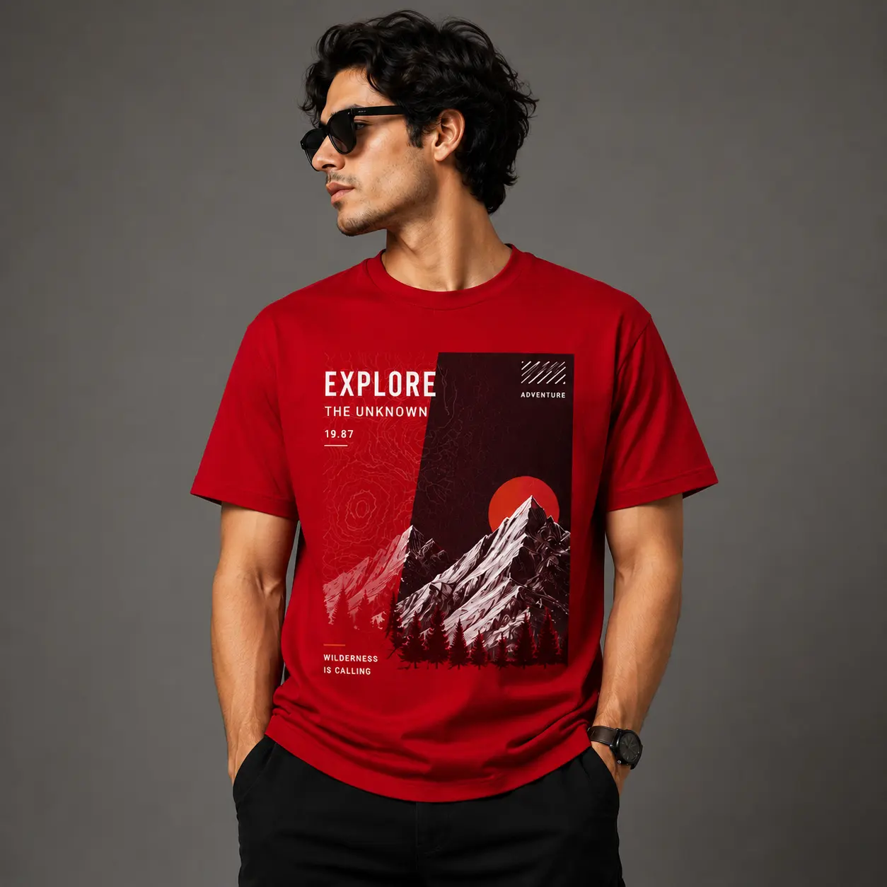 Men's Red Graphic Printed Cotton T-Shirt with Premium Casual Round Neck Design